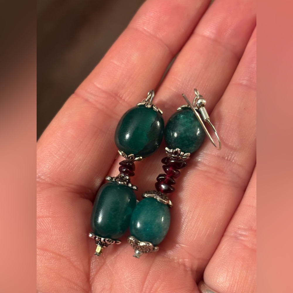 NWT Artisan Emerald & Garnet Dangle Earrings • In Bloom Collection • 925 Hooks - Picture 6 of 10